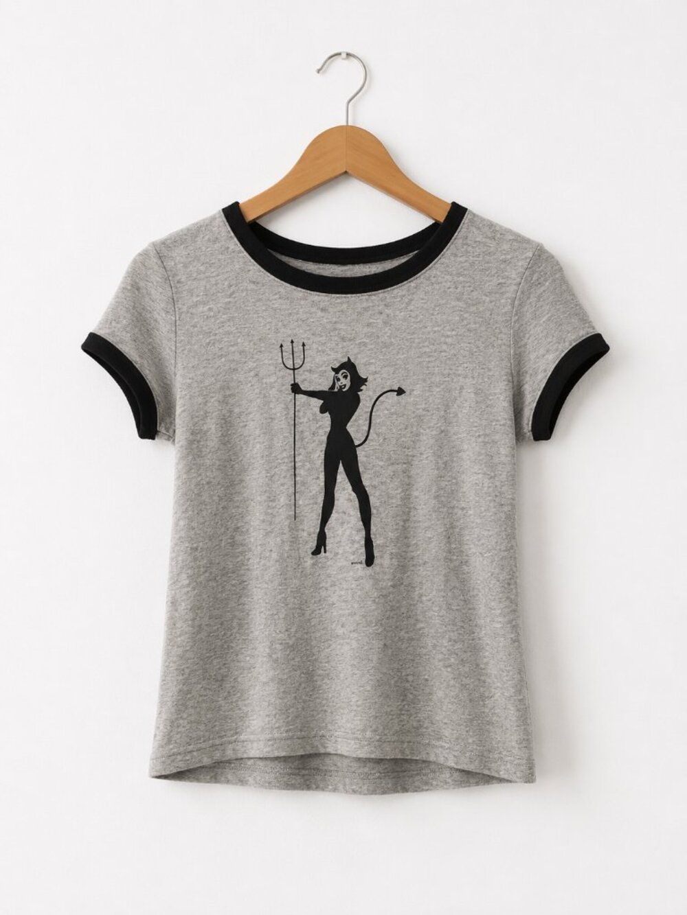 John Galt Gray Graphic Ringer Cotton Tee Devil Baby Tee Fitted XS/S